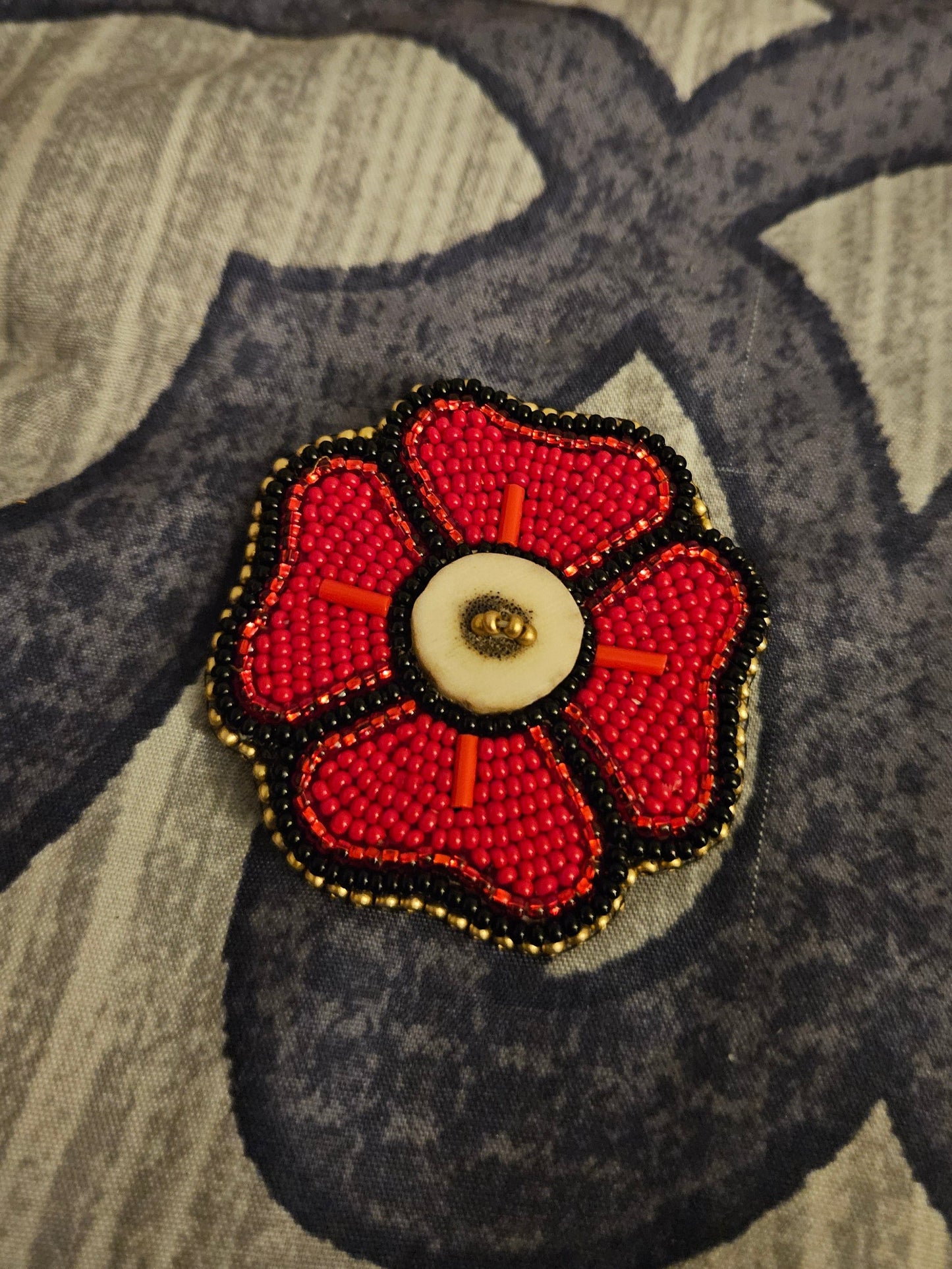 Beaded Poppy - Antler Button with Gold Edging