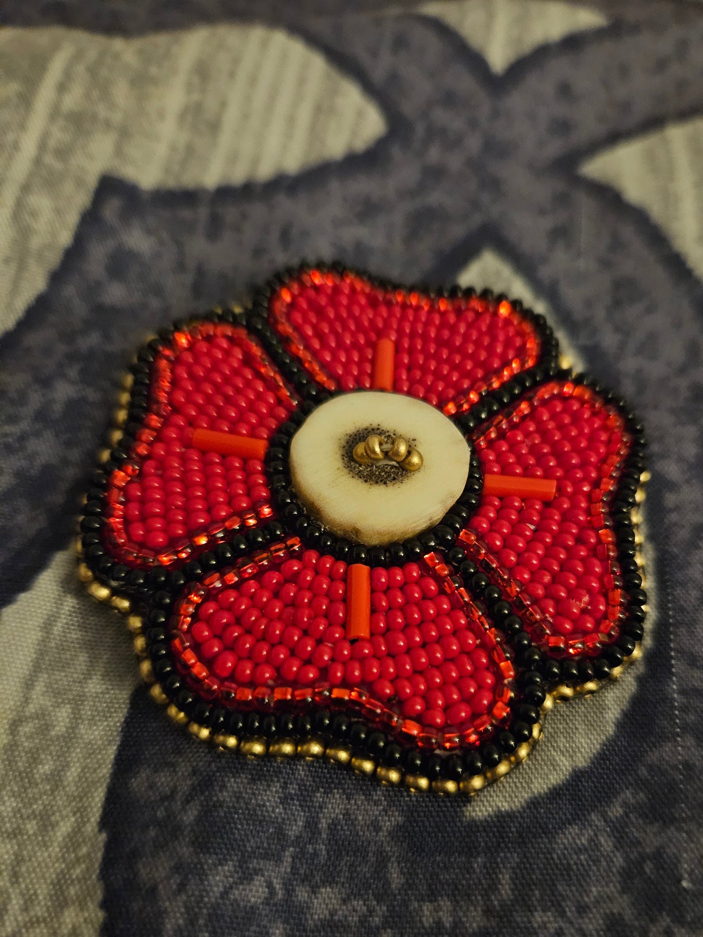 Beaded Poppy - Antler Button with Gold Edging