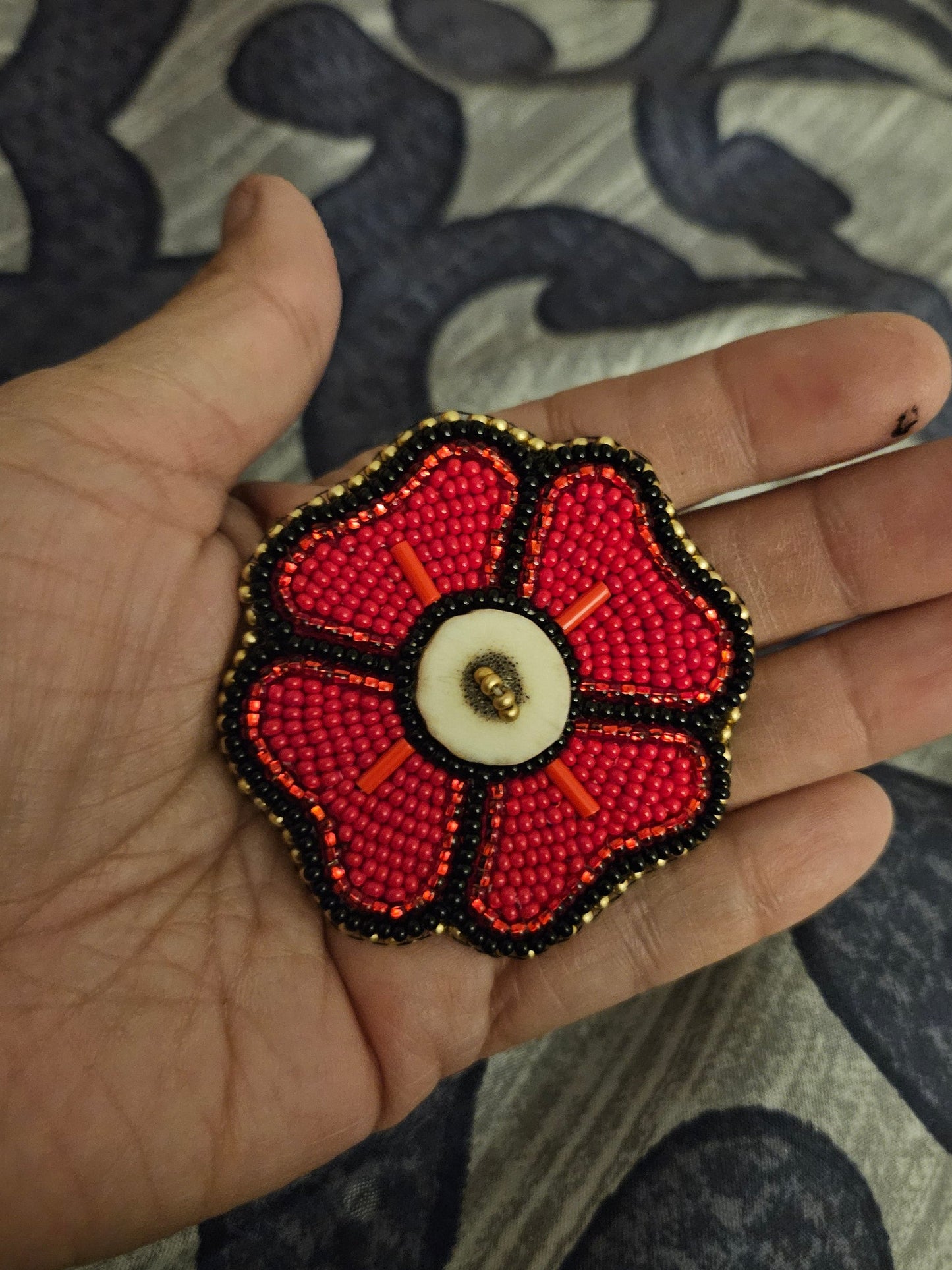 Beaded Poppy - Antler Button with Gold Edging