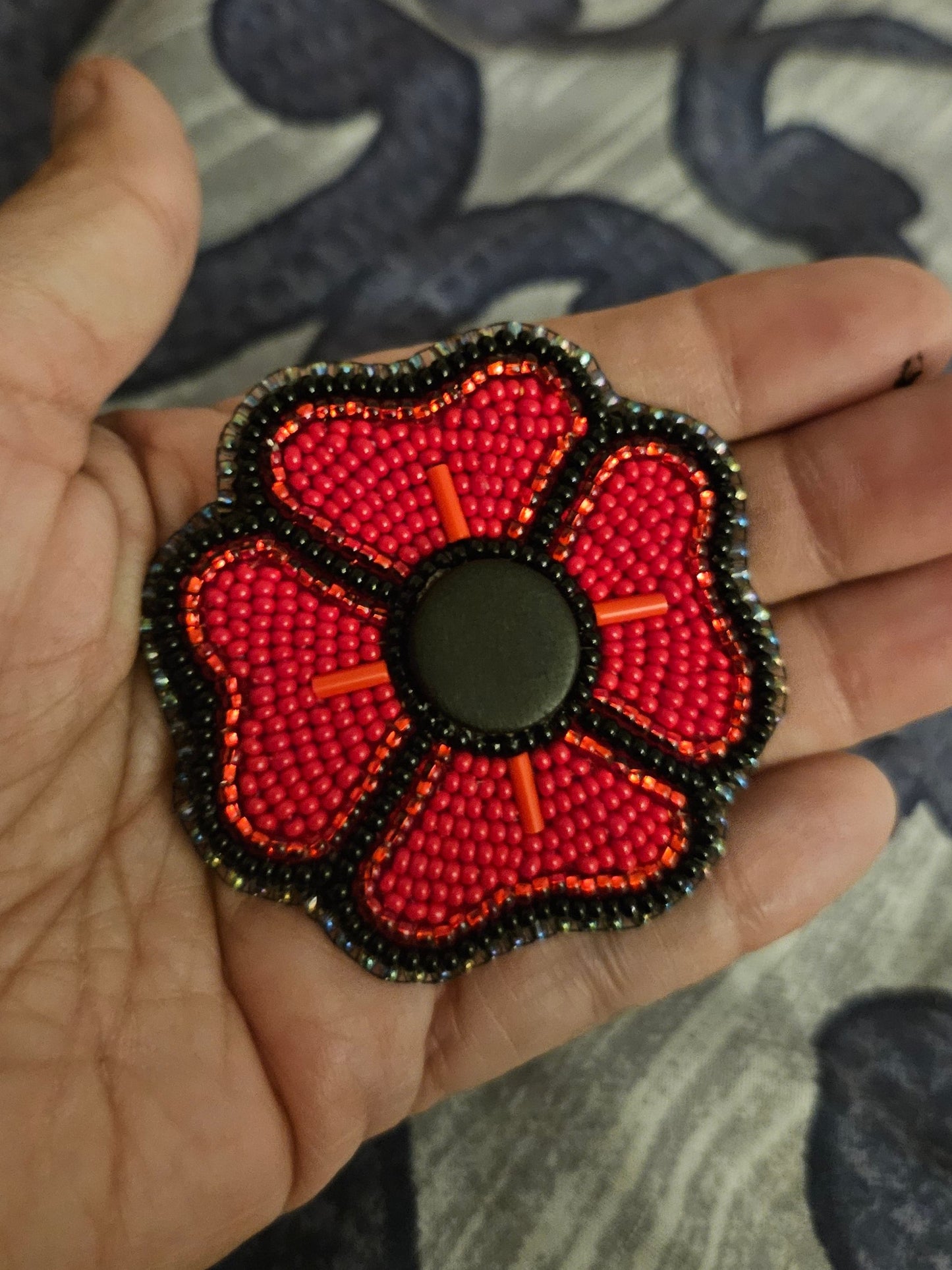 Beaded Poppy - Black Wood Center with Black Rainbow Edging