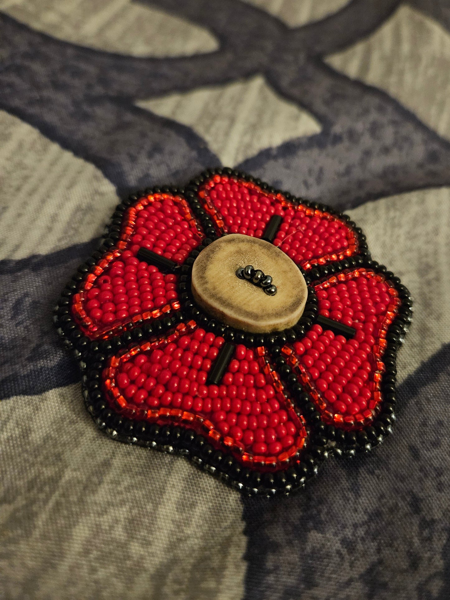 Beaded Poppy - Antler Button with Gunmetal Edging