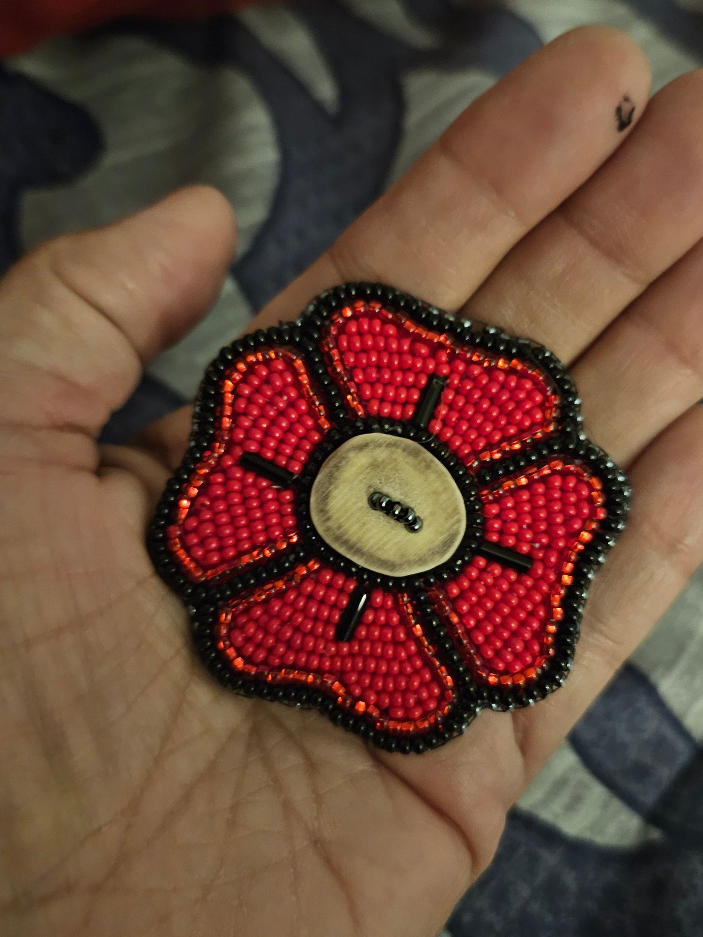 Beaded Poppy - Antler Button with Gunmetal Edging